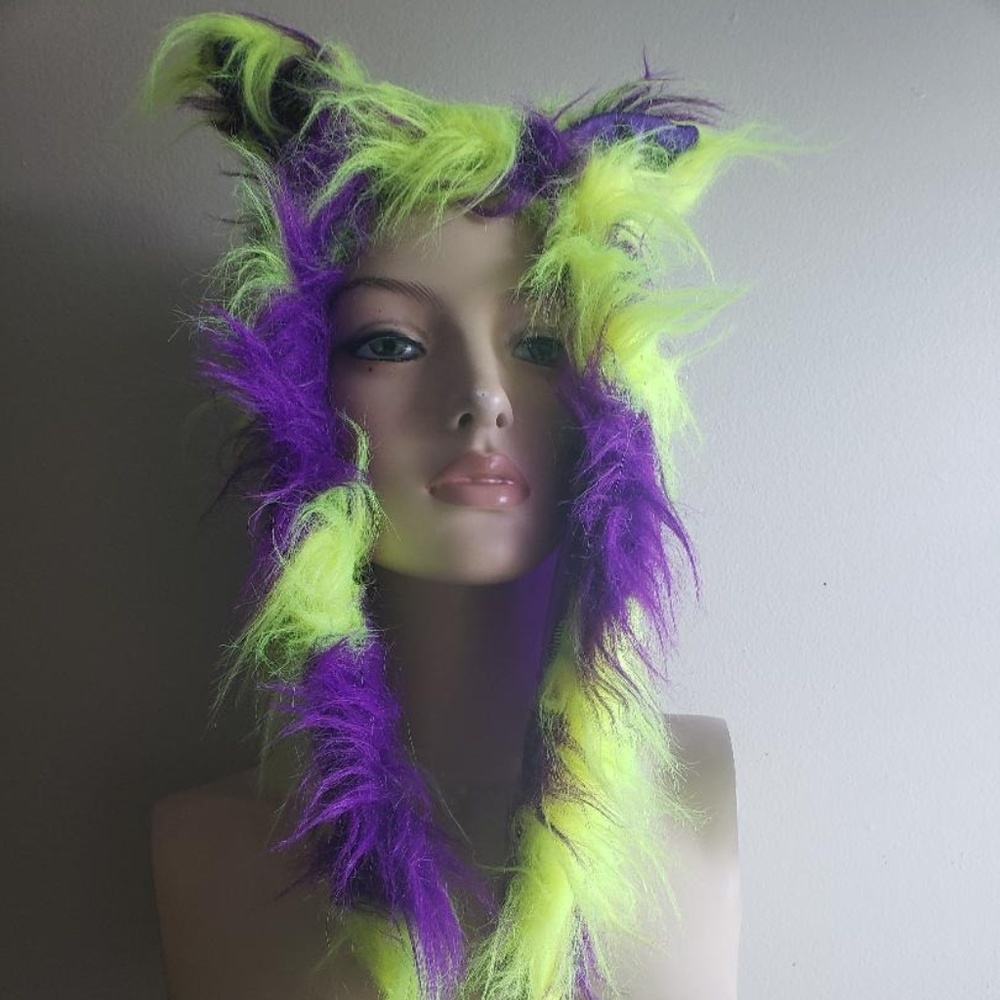 Purple Green Faux Fur Animal Hood Rave Festival